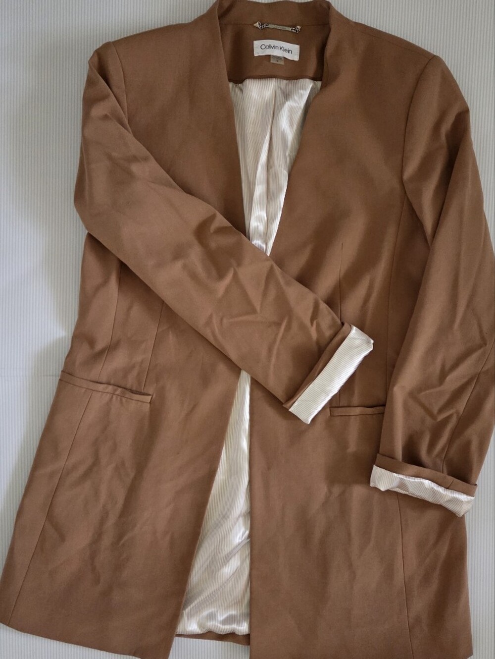 Calvin Klein Open-Front Roll-Sleeve Blazer Camel Brown Pinstripe Cuff Size 16